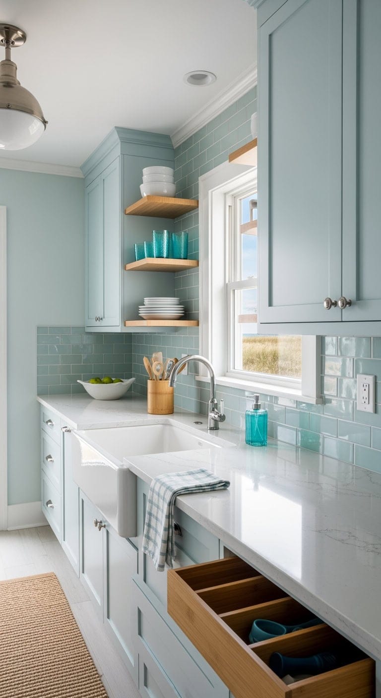 pale aqua coastal minimalist kitchen