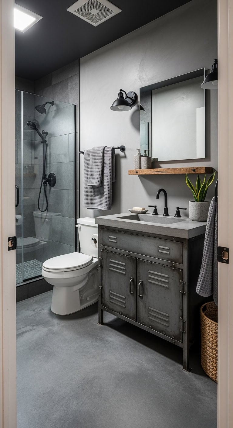 pewter concrete industrial bathroom