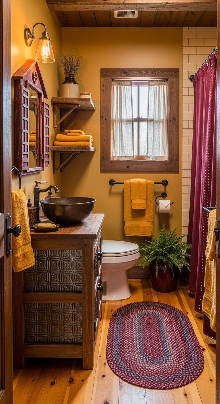 primitive mustard and burgundy farmhouse