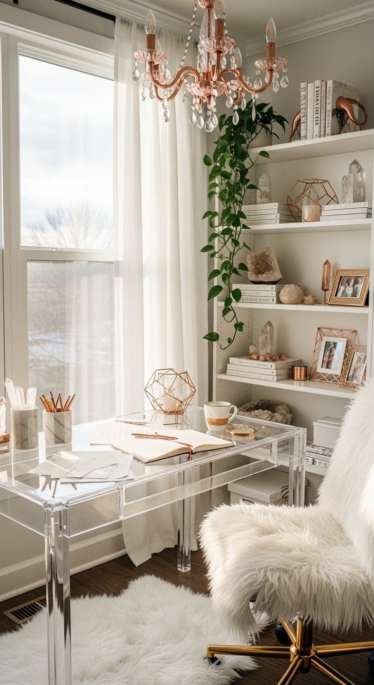 rose gold lucite feminine workspace