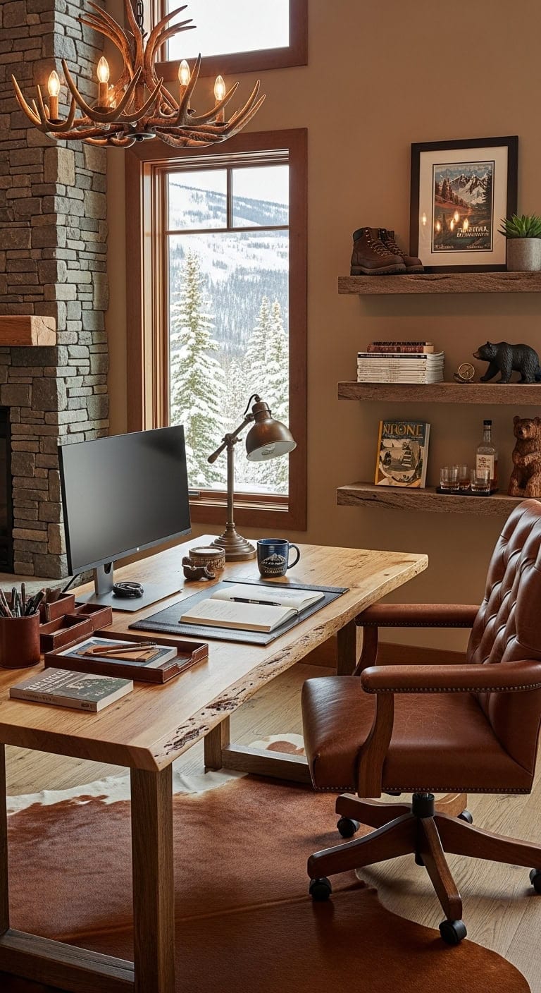 rugged leather timber hearth