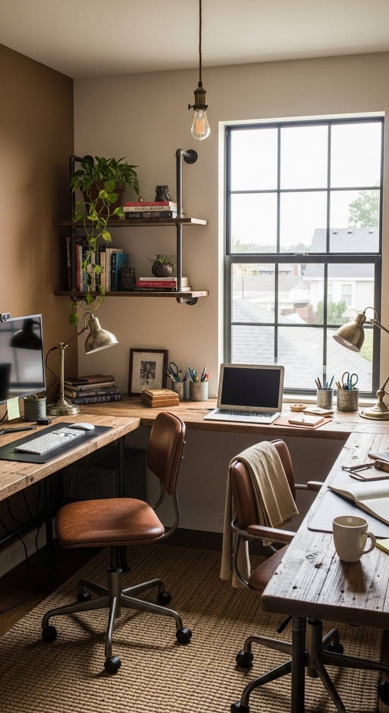 rustic industrial u shaped workspace
