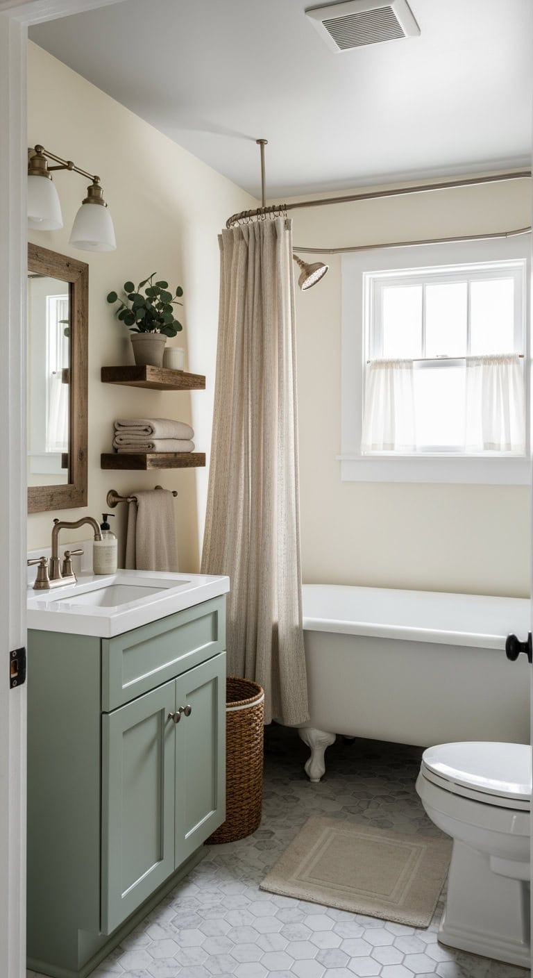 sage and cream farmhouse bathroom