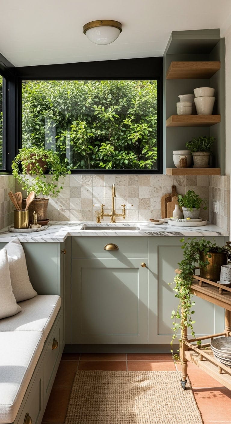 sage green brass outdoor kitchenette