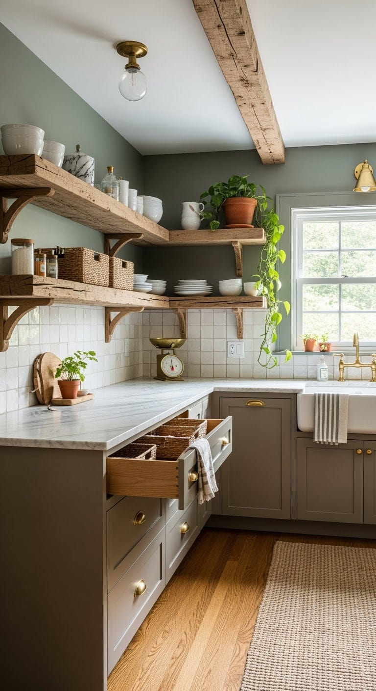 sage green floating shelves