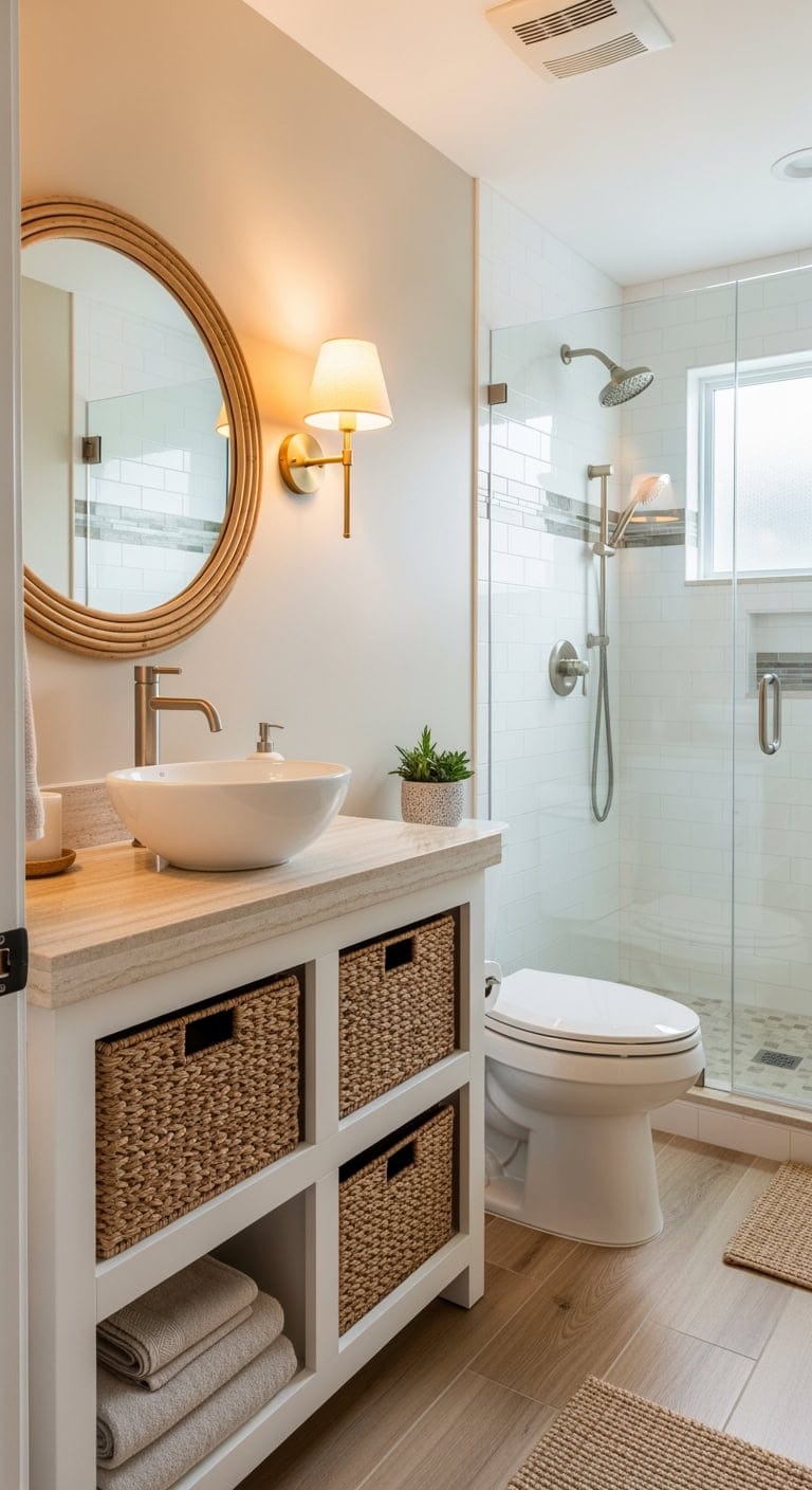 sand beige wicker cabinet with stone