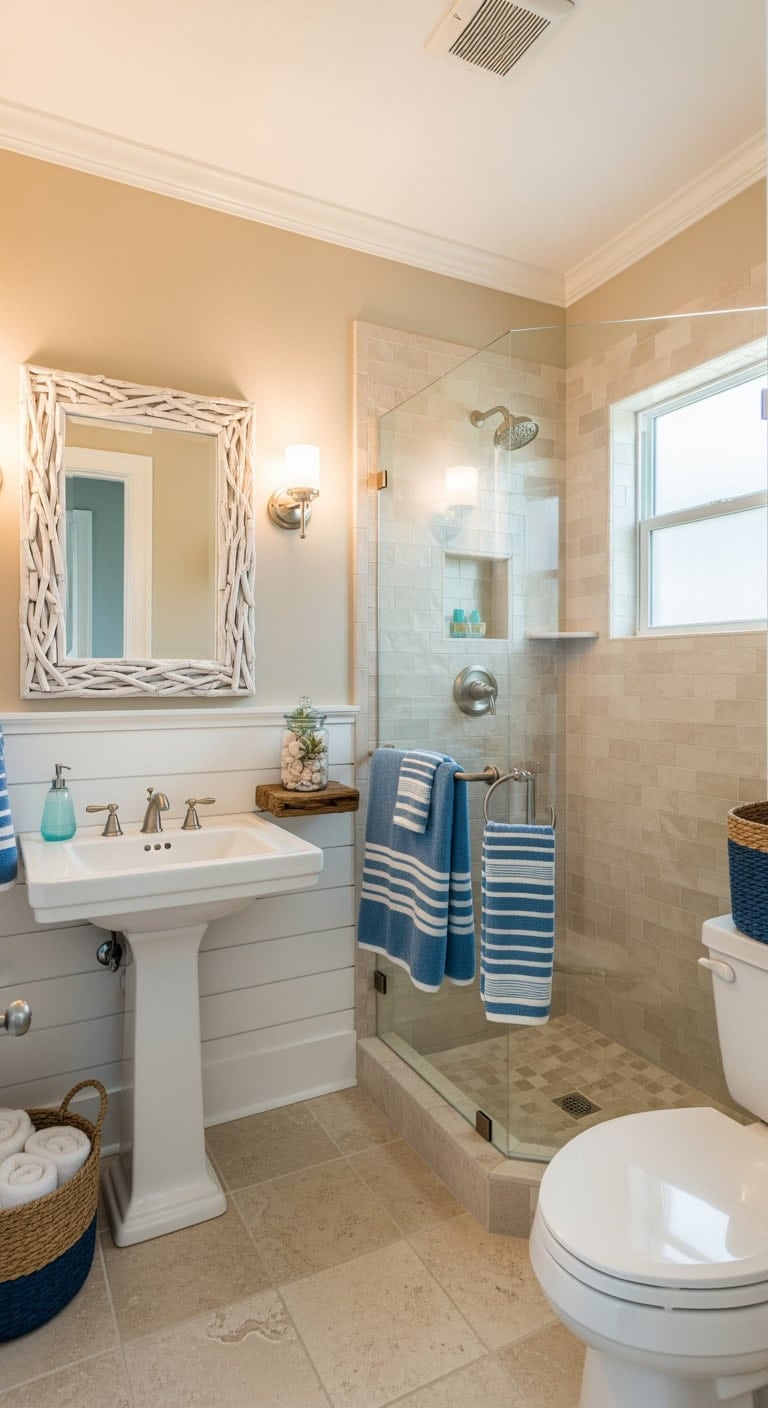 sandy beige coastal shiplap bathroom