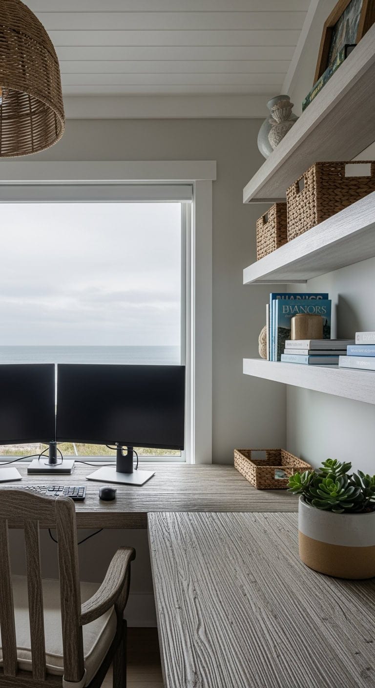sandy beige coastal workspace