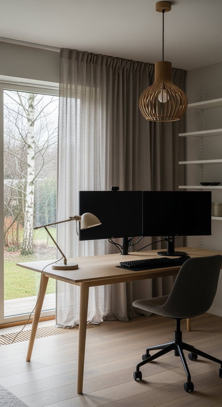 scandinavian double monitor cozy workspace