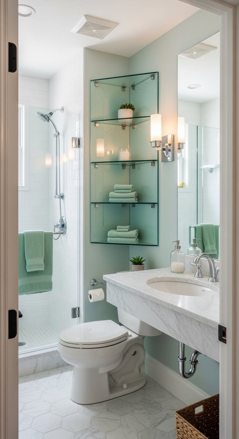 seafoam glass corner shelving