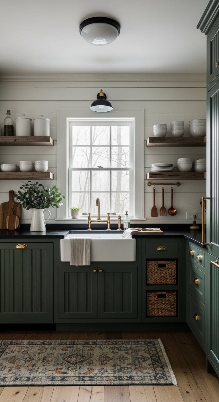 shadowy forest green farmhouse