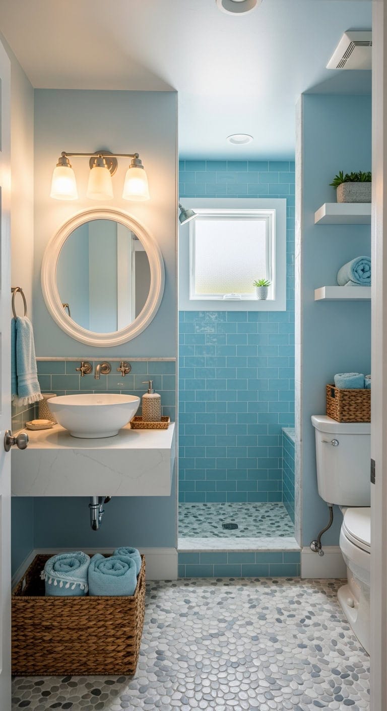 sky blue bleached white vanity