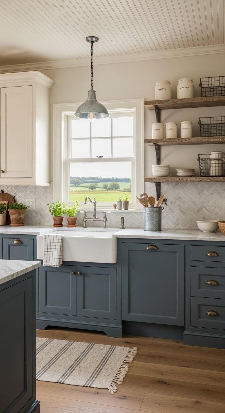 slate blue and ivory cabinetry