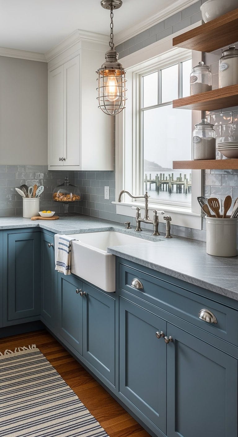 slate blue and oyster white cabinetry