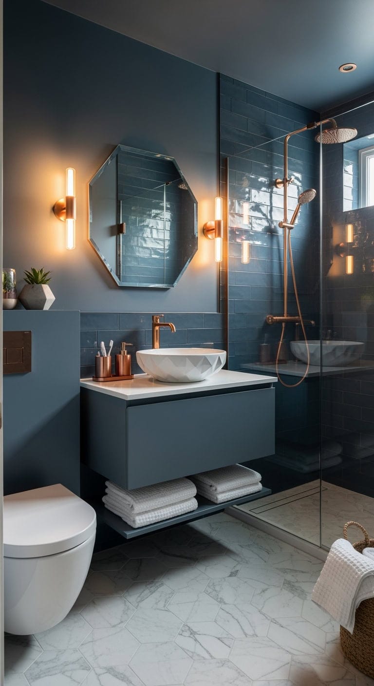 slate blue rose gold geometric bathroom