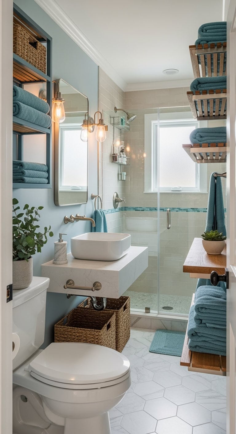 spa blue linen cream organization