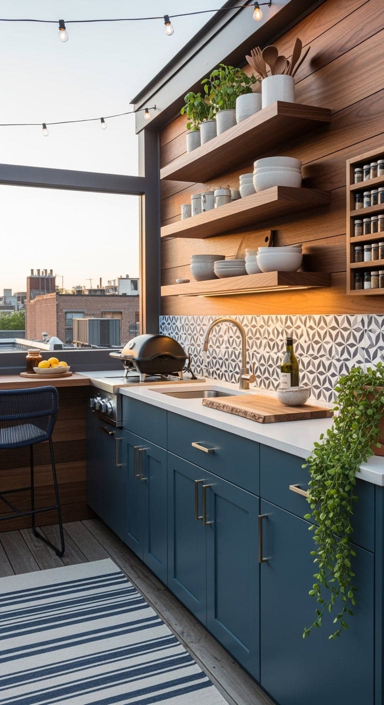 steel blue and walnut terrace