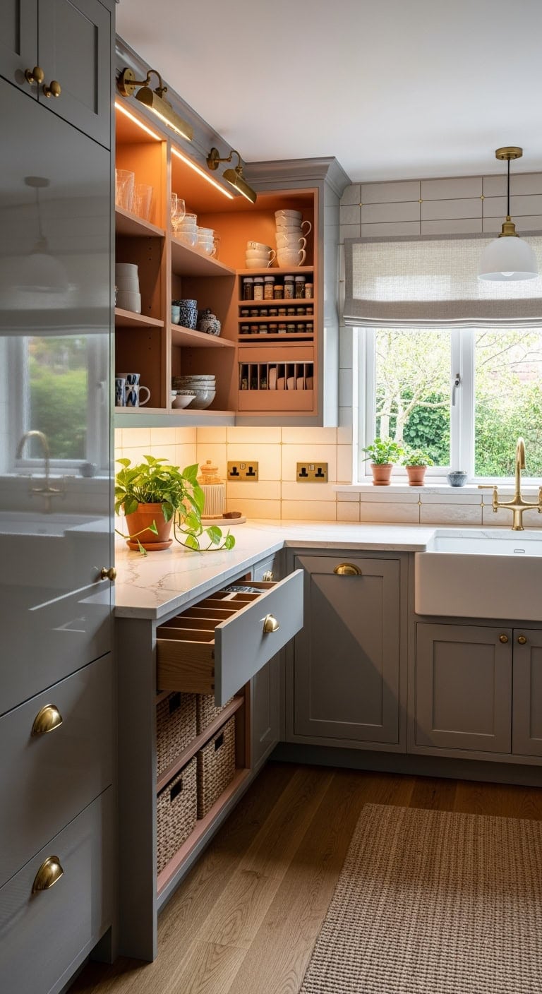 steel gray cabinets warm apricot accents