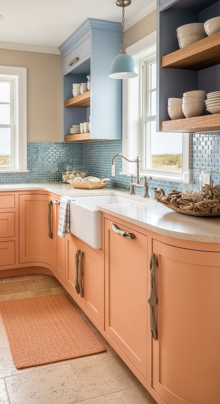 sunset inspired apricot periwinkle kitchen