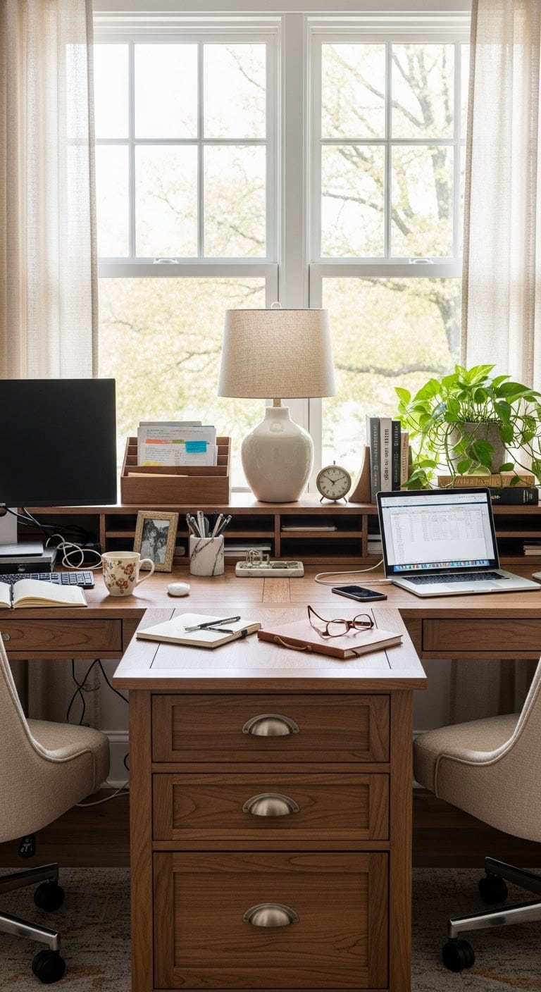 t shaped warm wood workspace