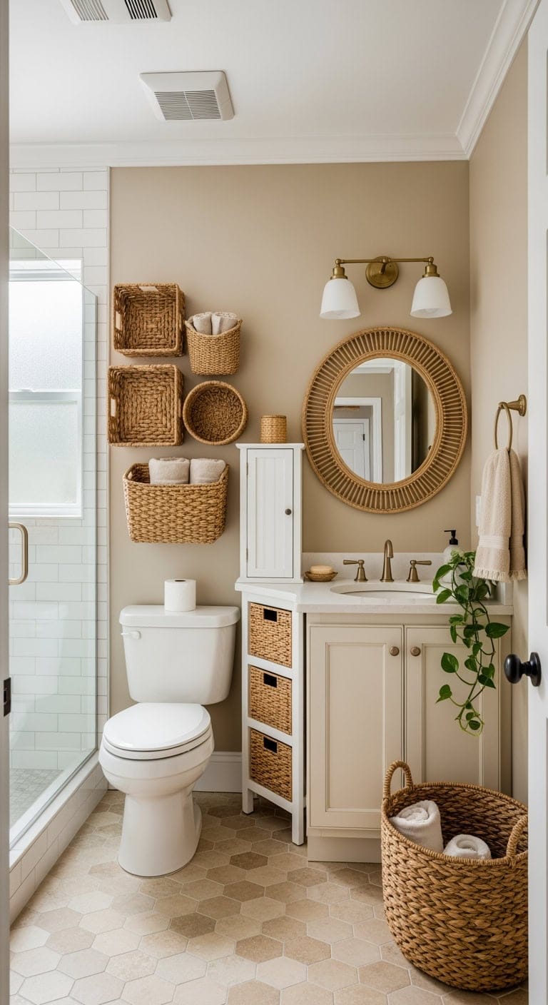 tan and ivory wicker organization