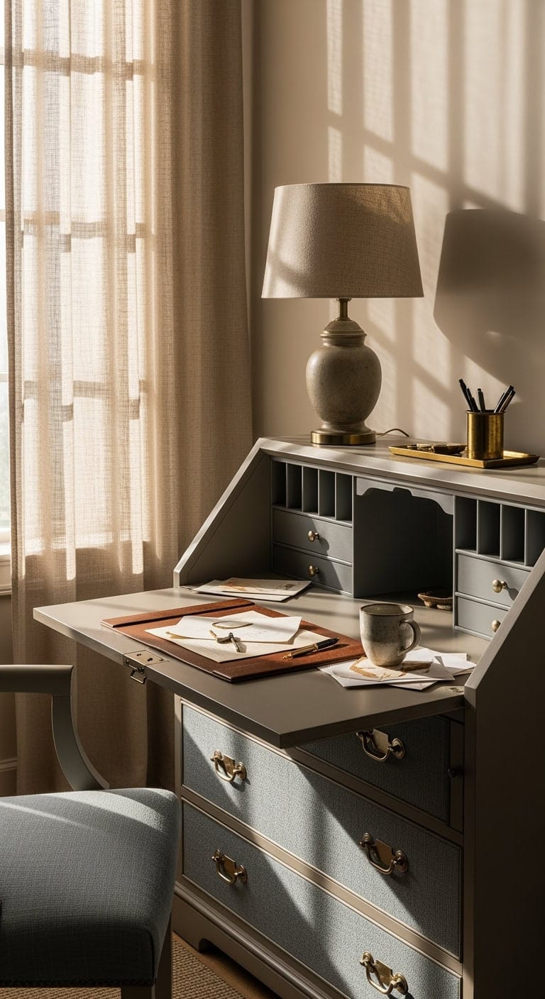 taupe and blue upholstered desk