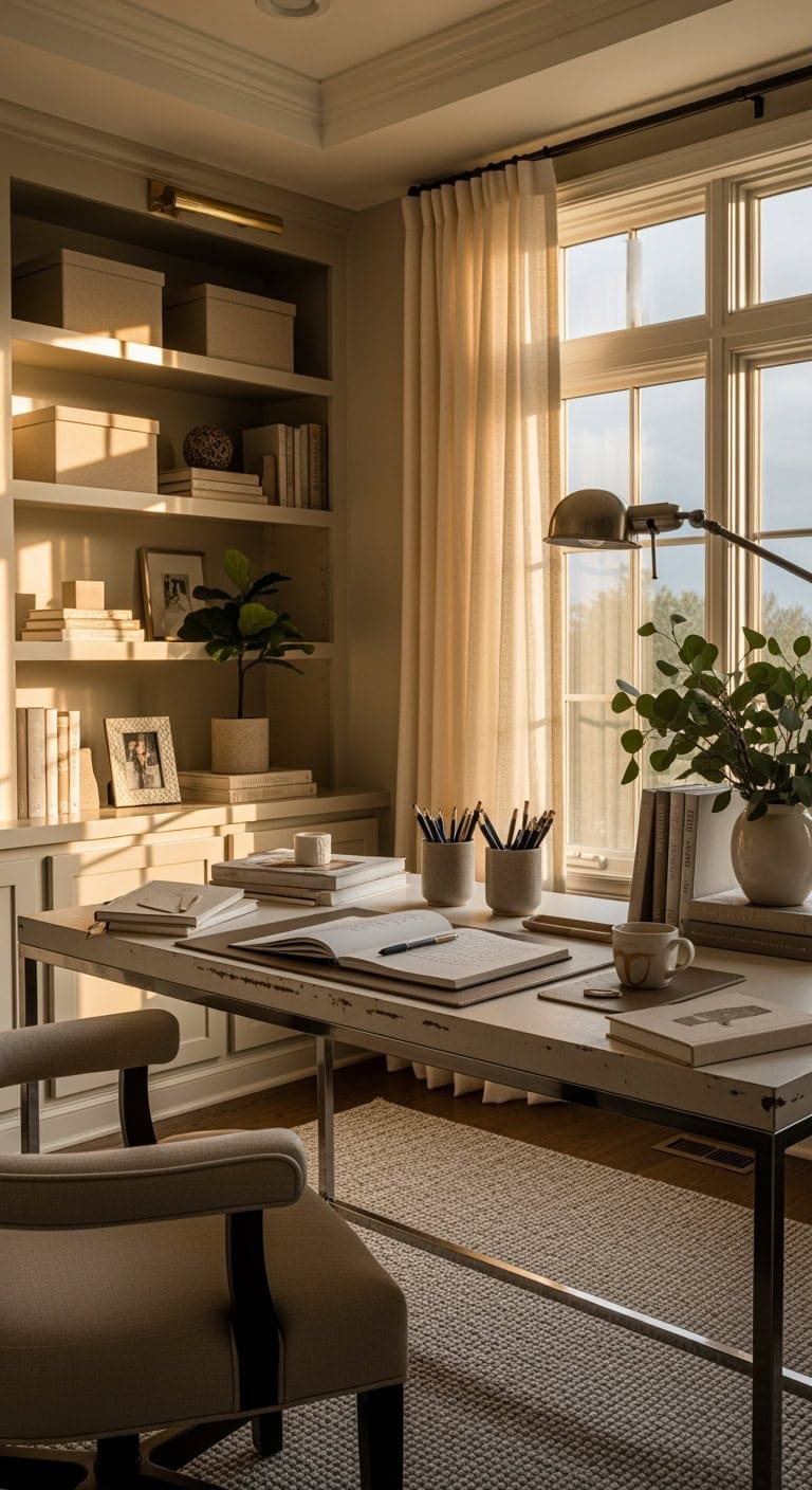 taupe and cream transitional workspace