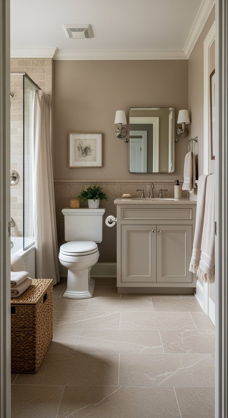 taupe limestone spa inspired bathroom