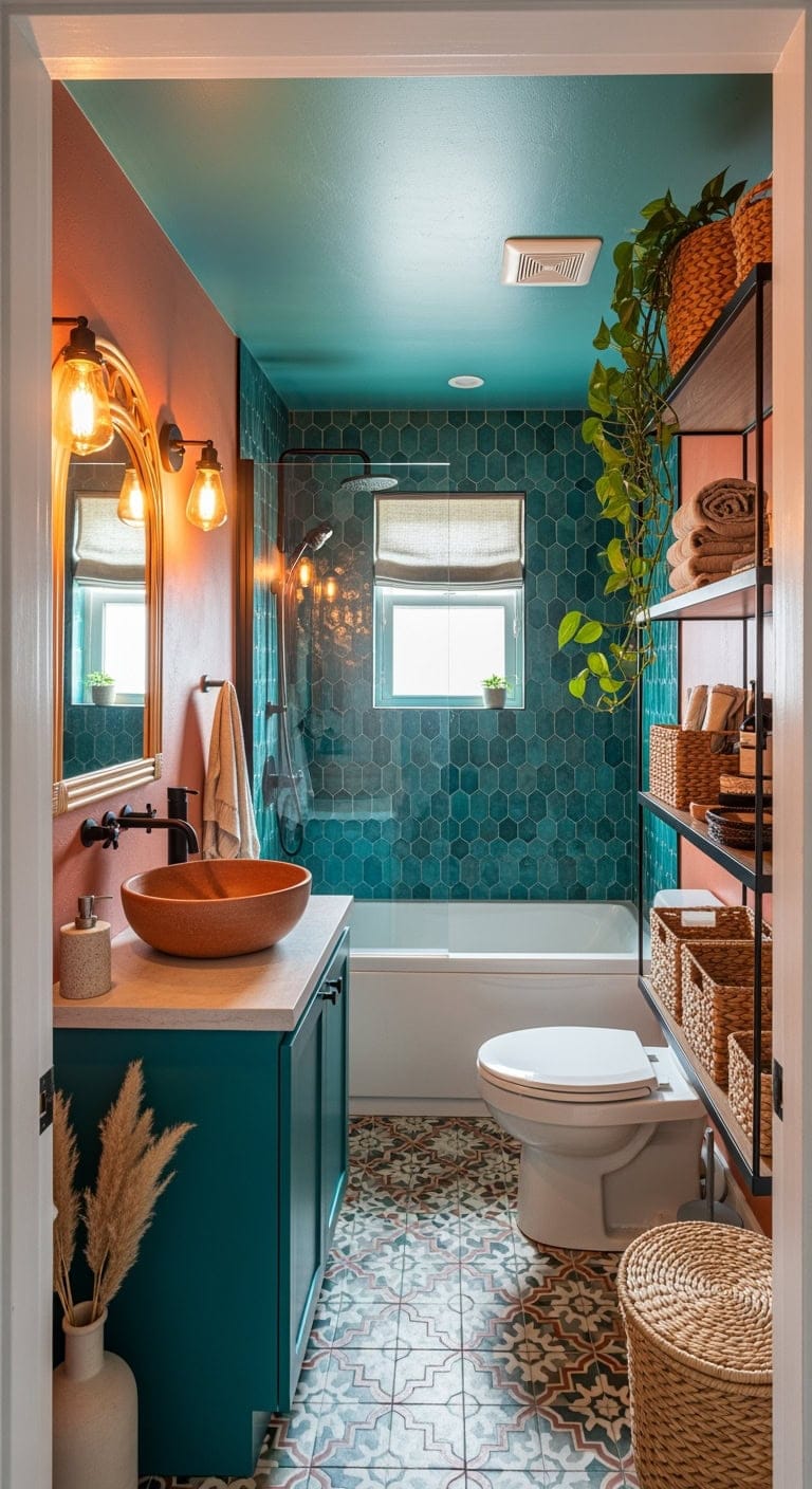 terracotta teal bohemian bathroom