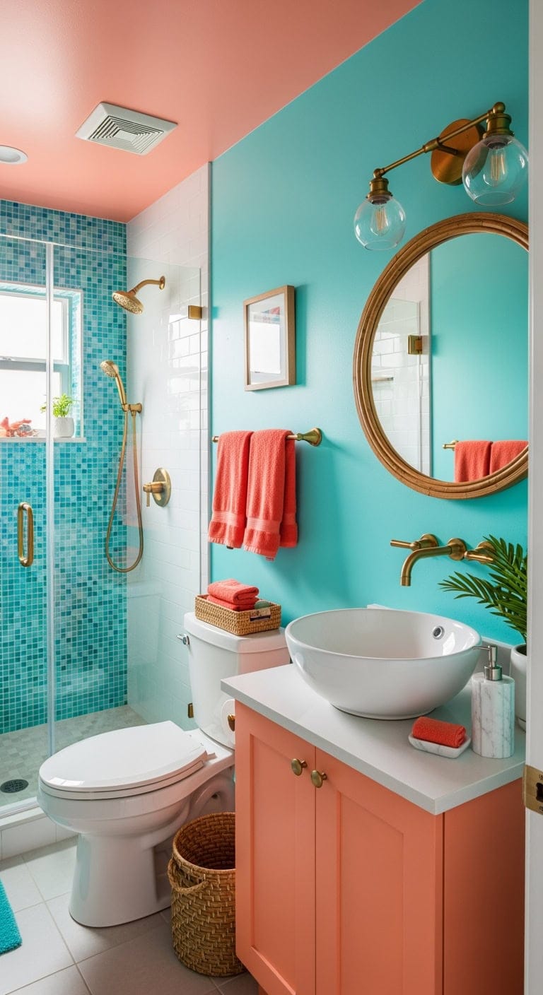 turquoise coral retro modern bathroom