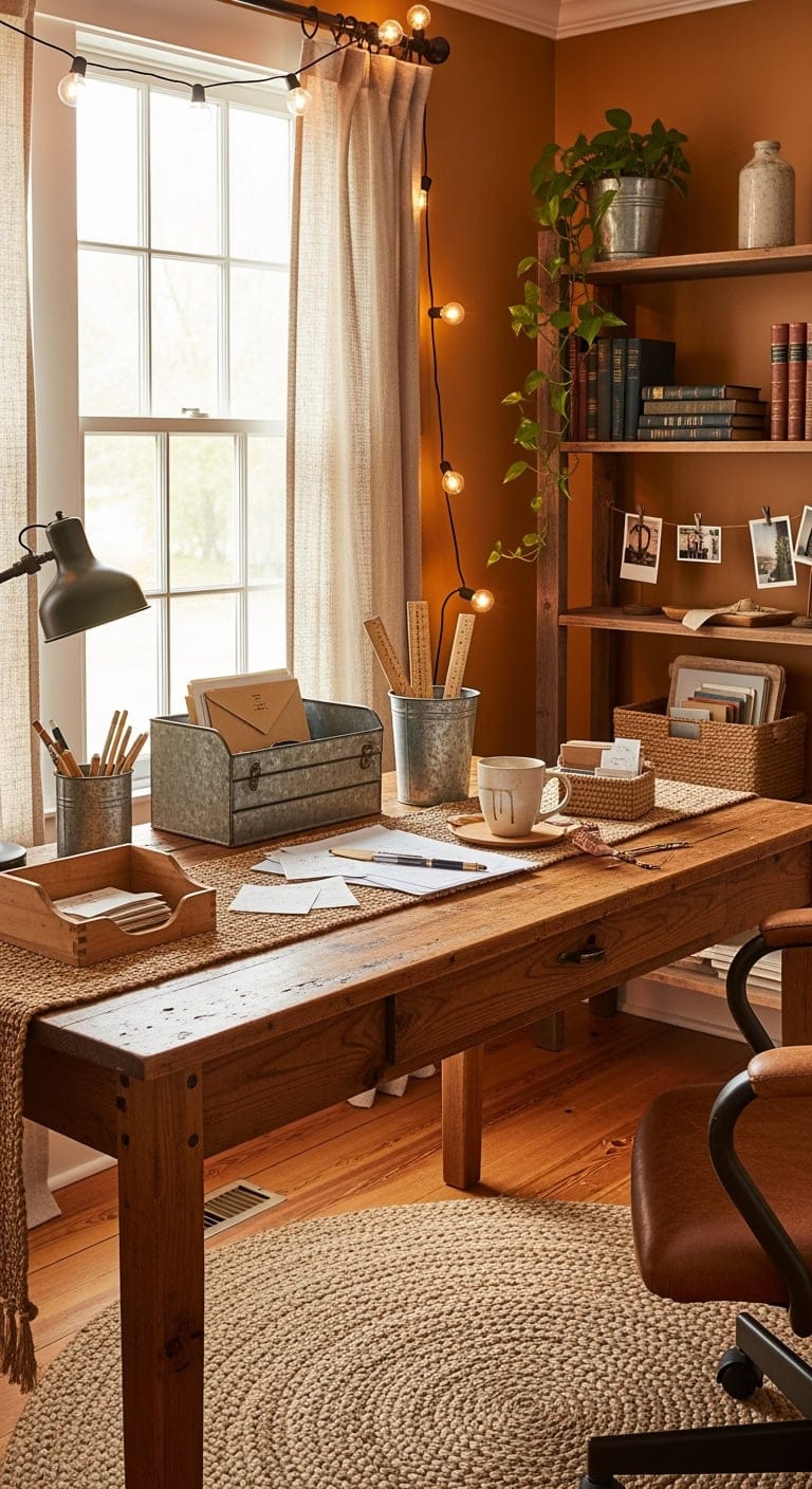 warm amber rustic workspace ambiance