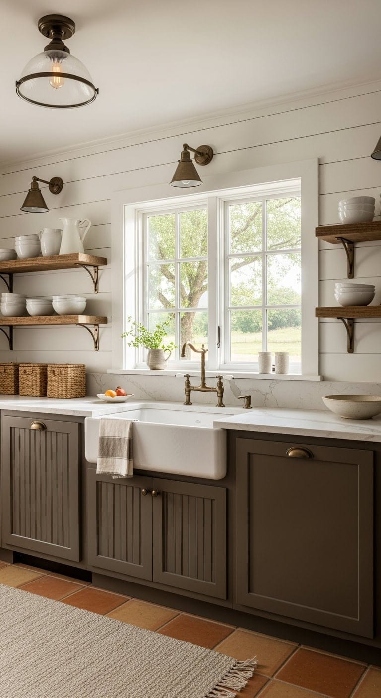 warm white farmhouse with bronze