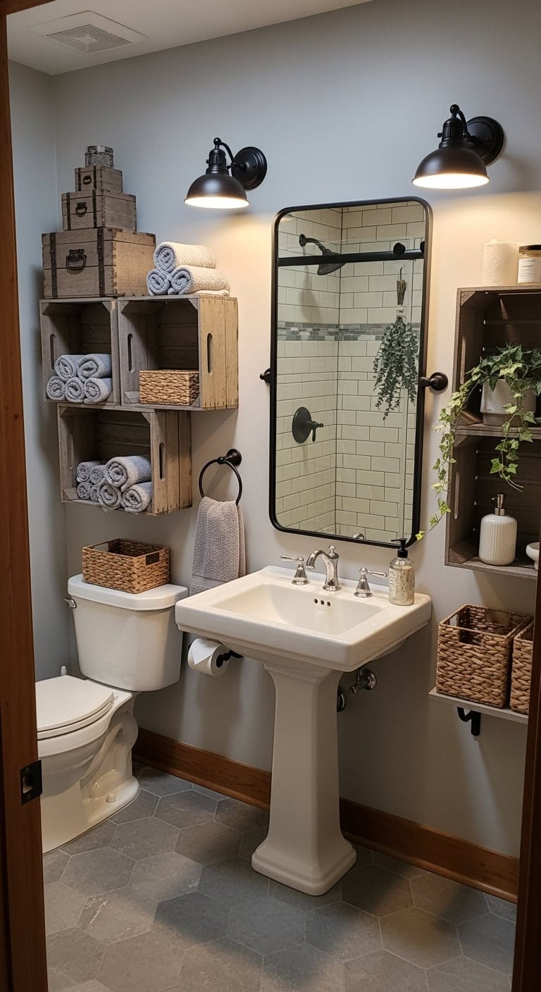 weathered gray reclaimed crate shelving