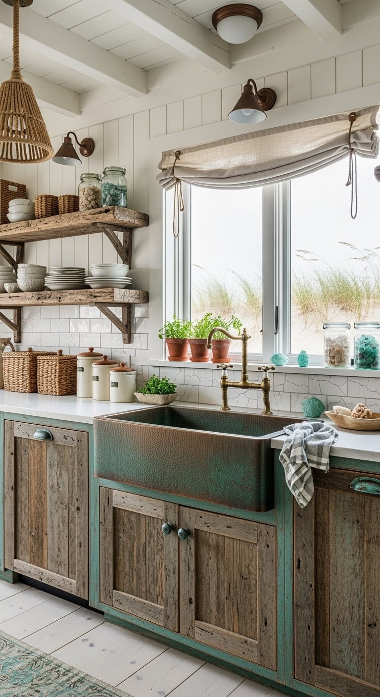 weathered teal coastal kitchen