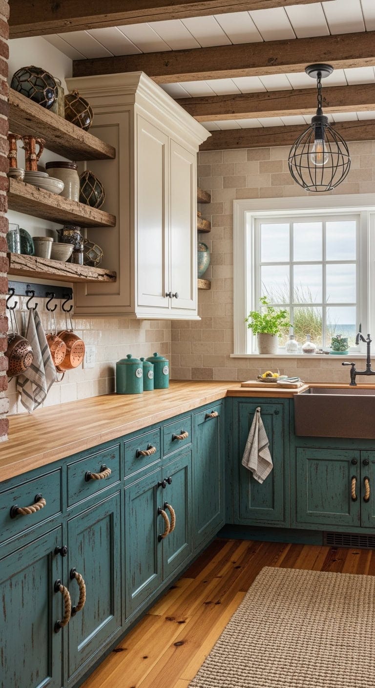 weathered teal coastal rustic cabinetry