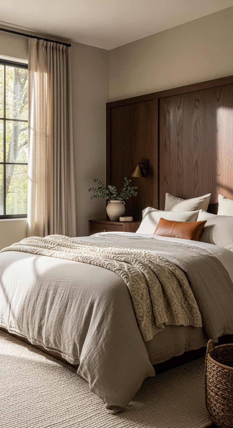 anchor beige comforter dark wood headboard