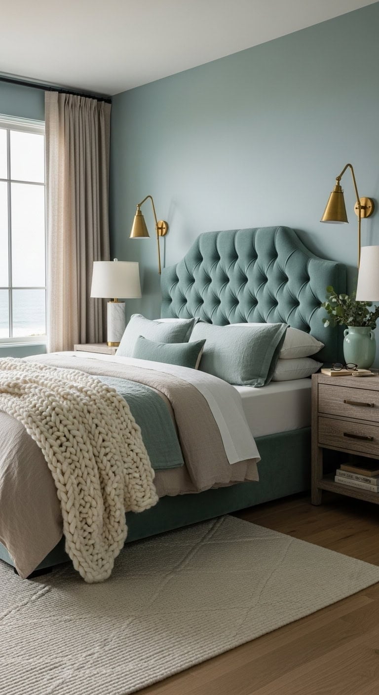 aqua velvet headboard as focal point