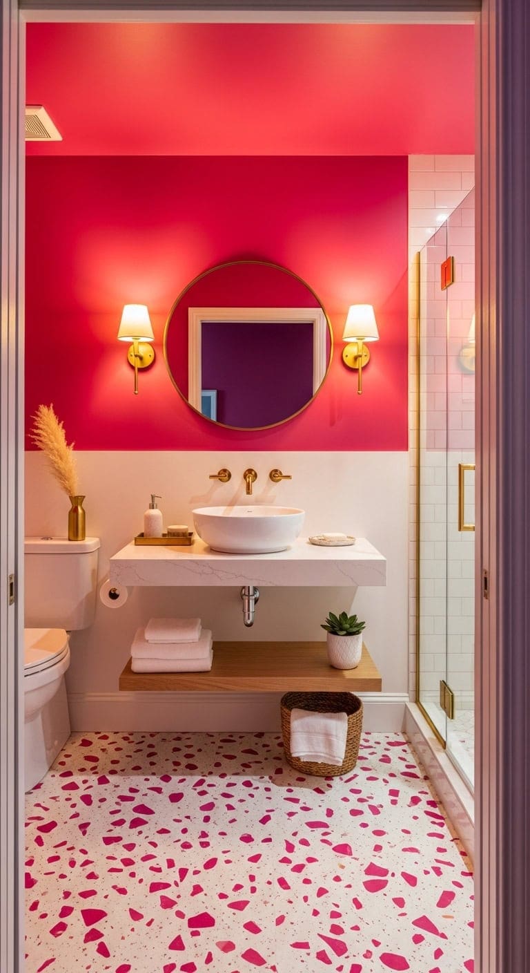 audacious pink terrazzo powder room statement