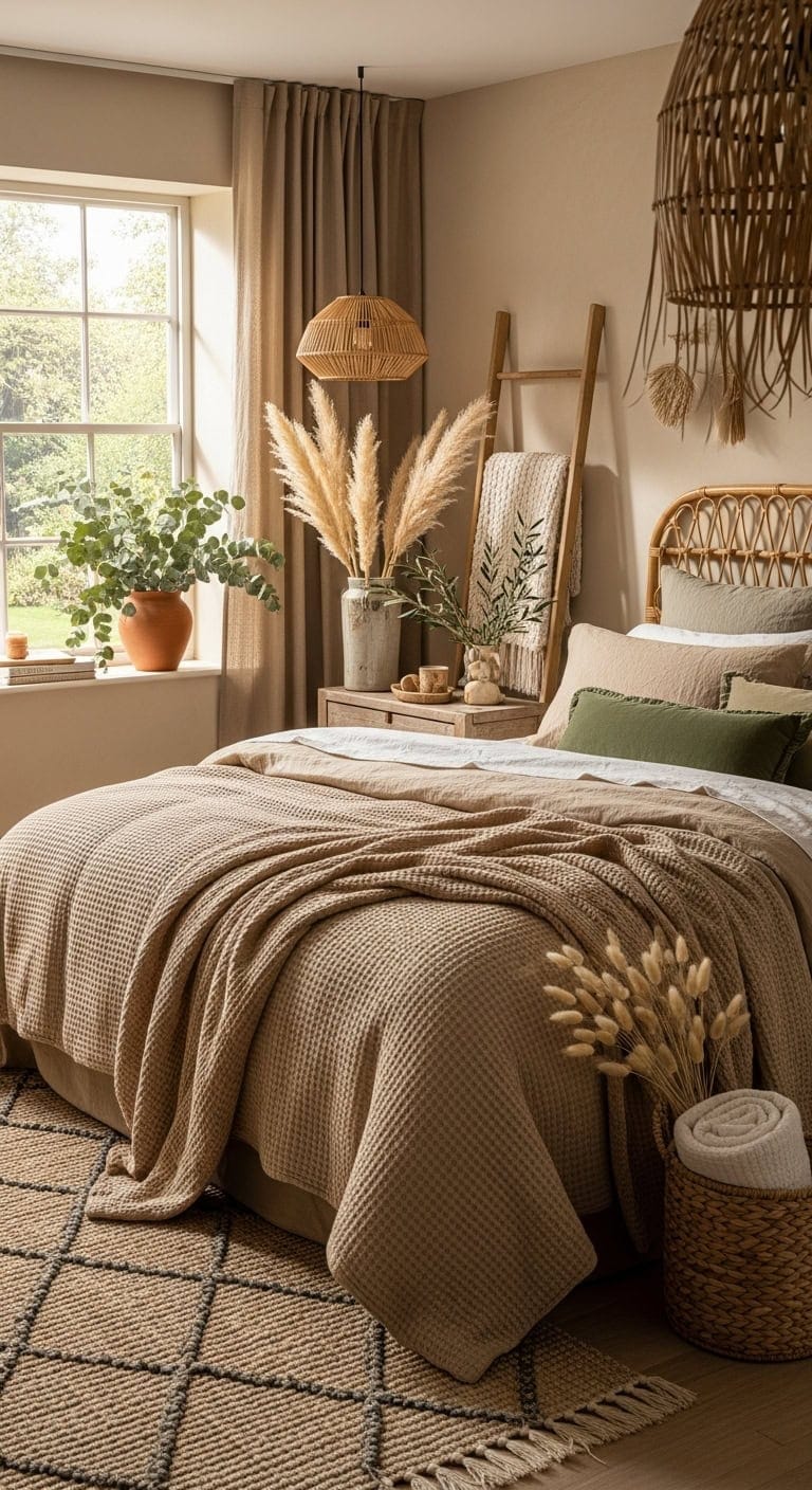 beige bedding with natural botanicals