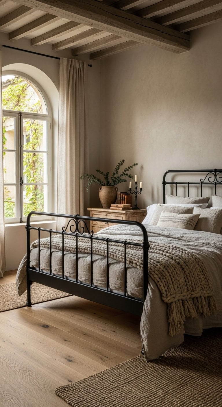 beige limewash black metal sophisticated bedroom