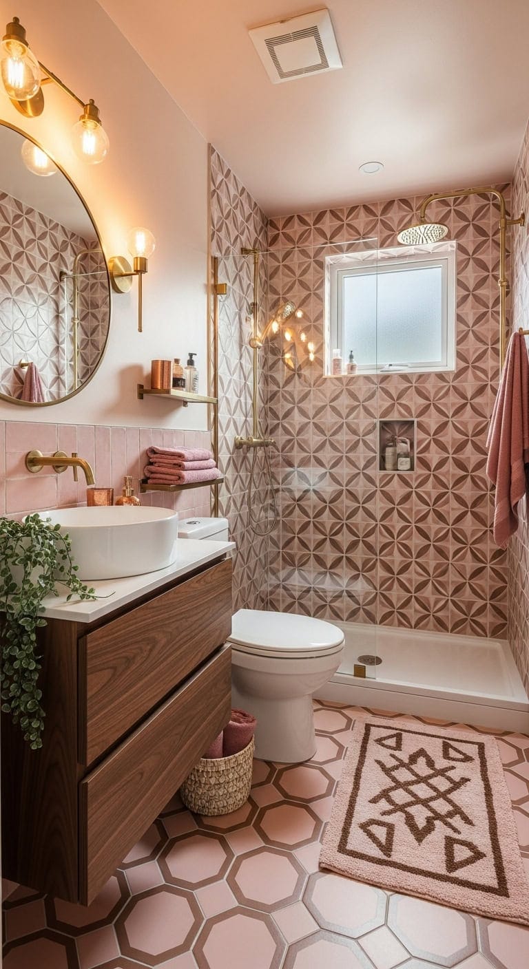 blush geometric tile bathroom statement