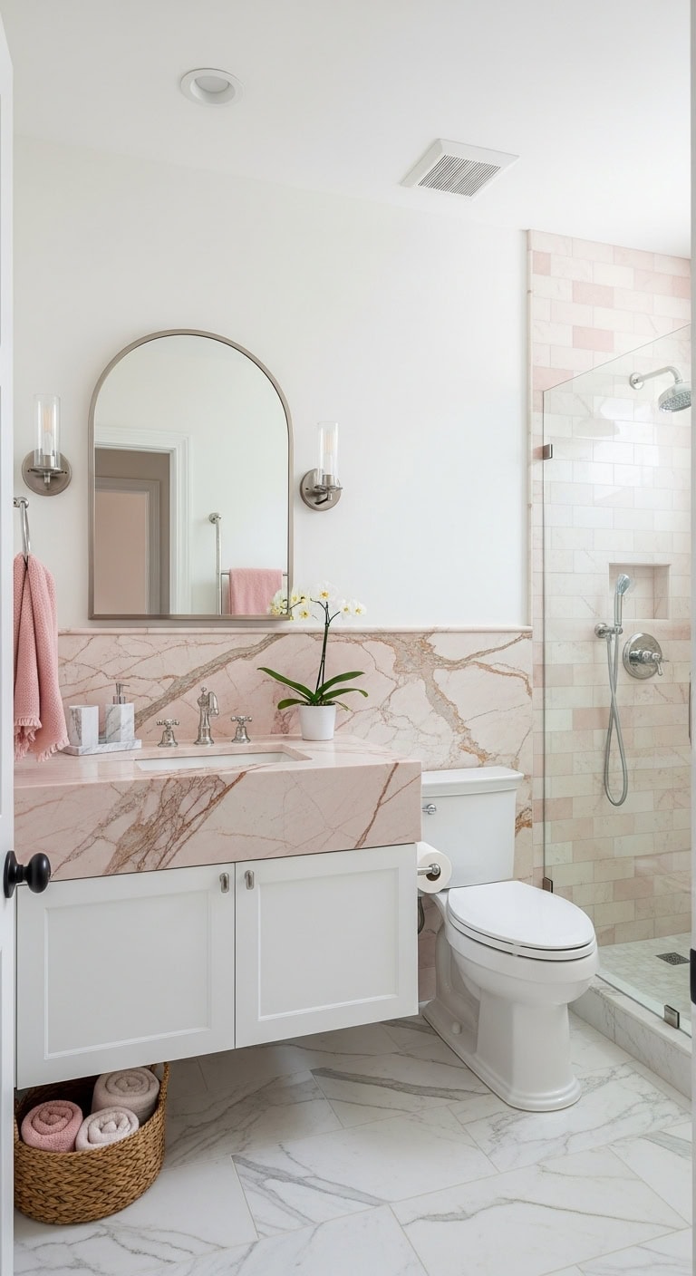 blush marble waterfall edge luxury bathroom