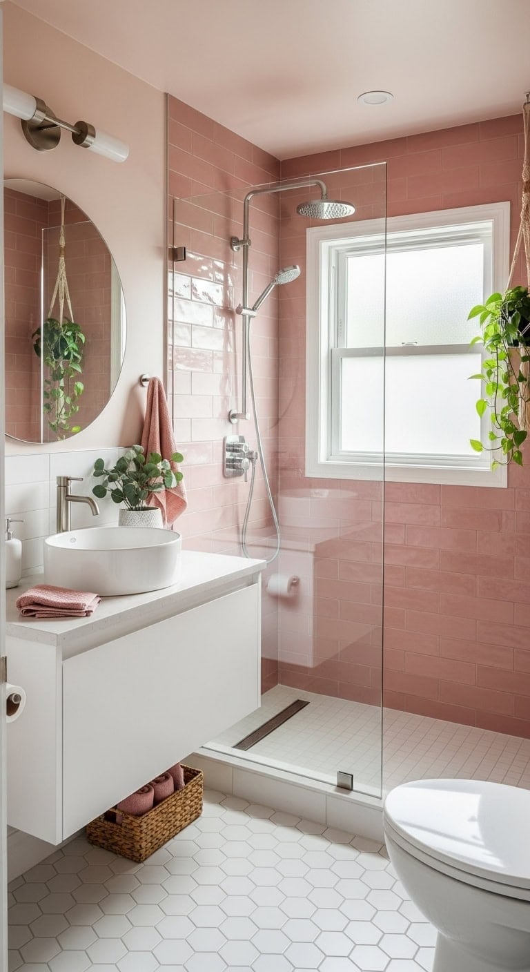 blush tiles with frameless glass