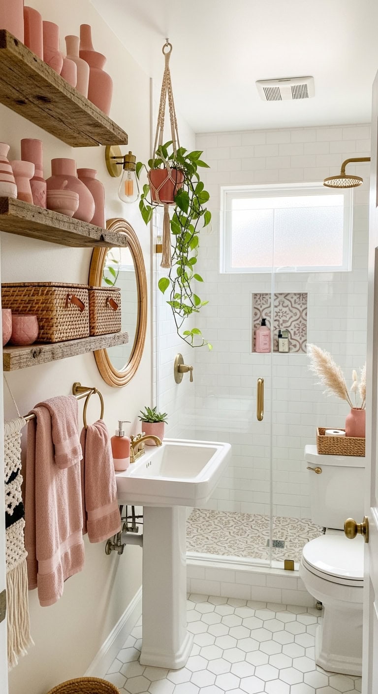 boho bathroom open storage sanctuary