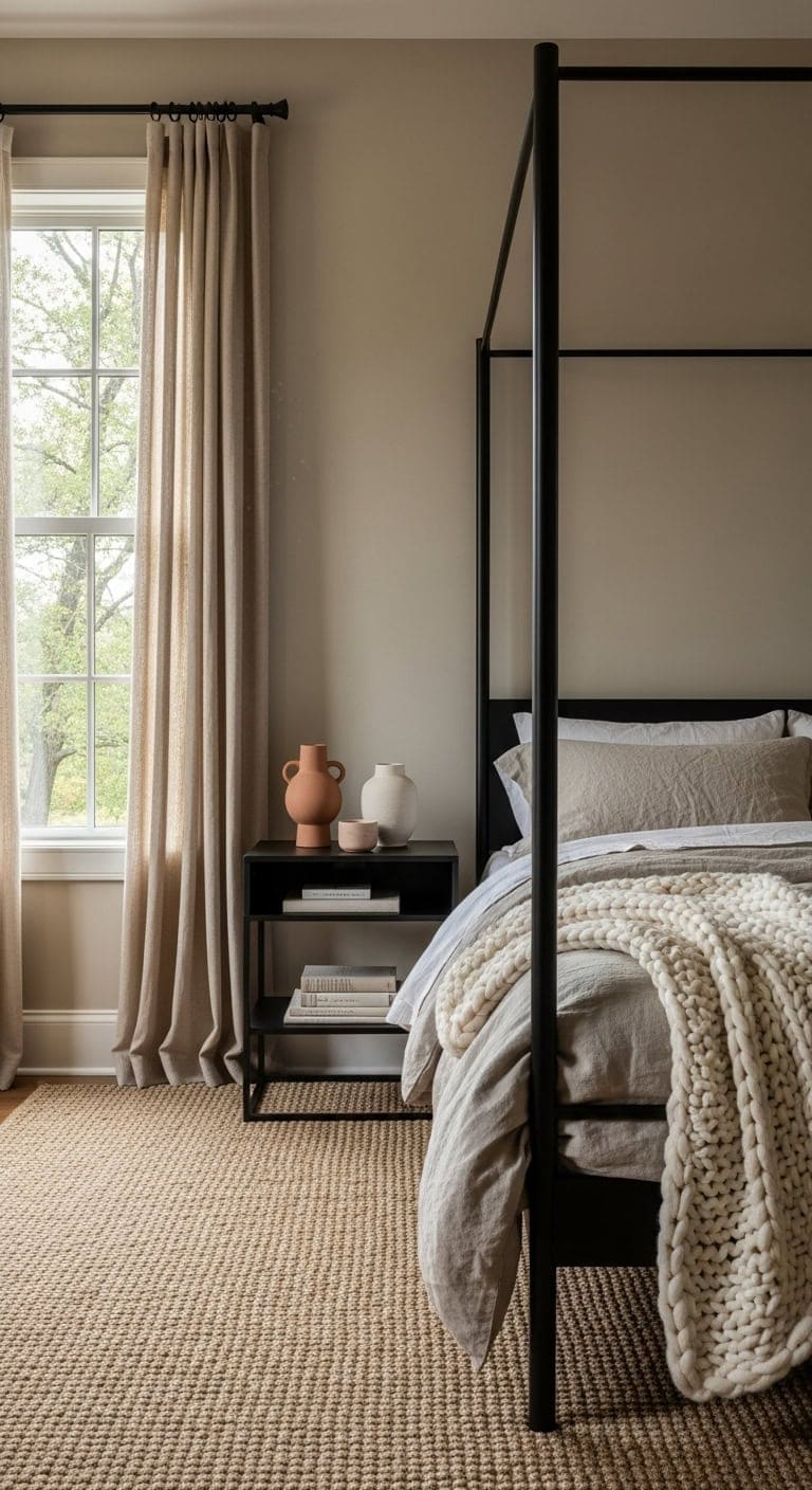 bold beige bedroom dramatic black