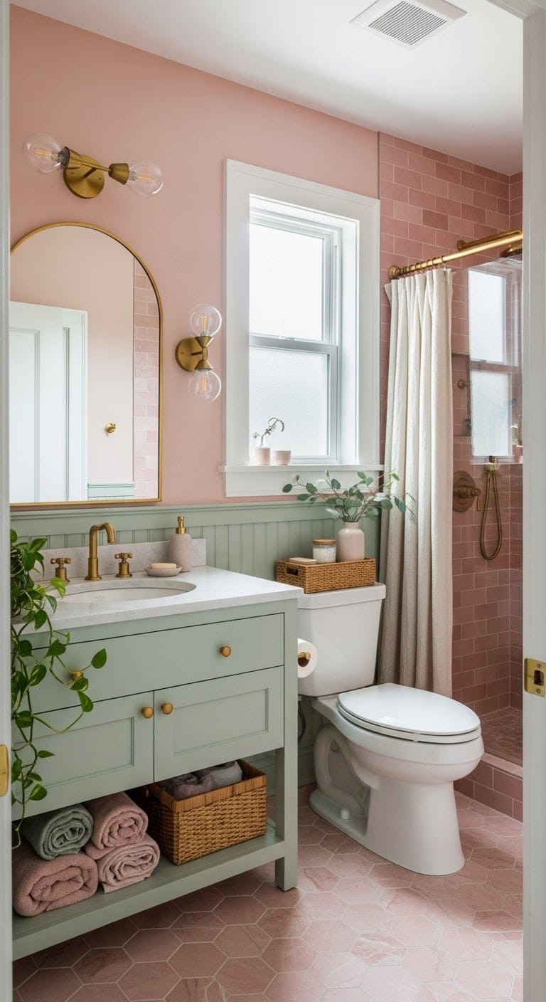 brass hardware elevates pink green bathrooms