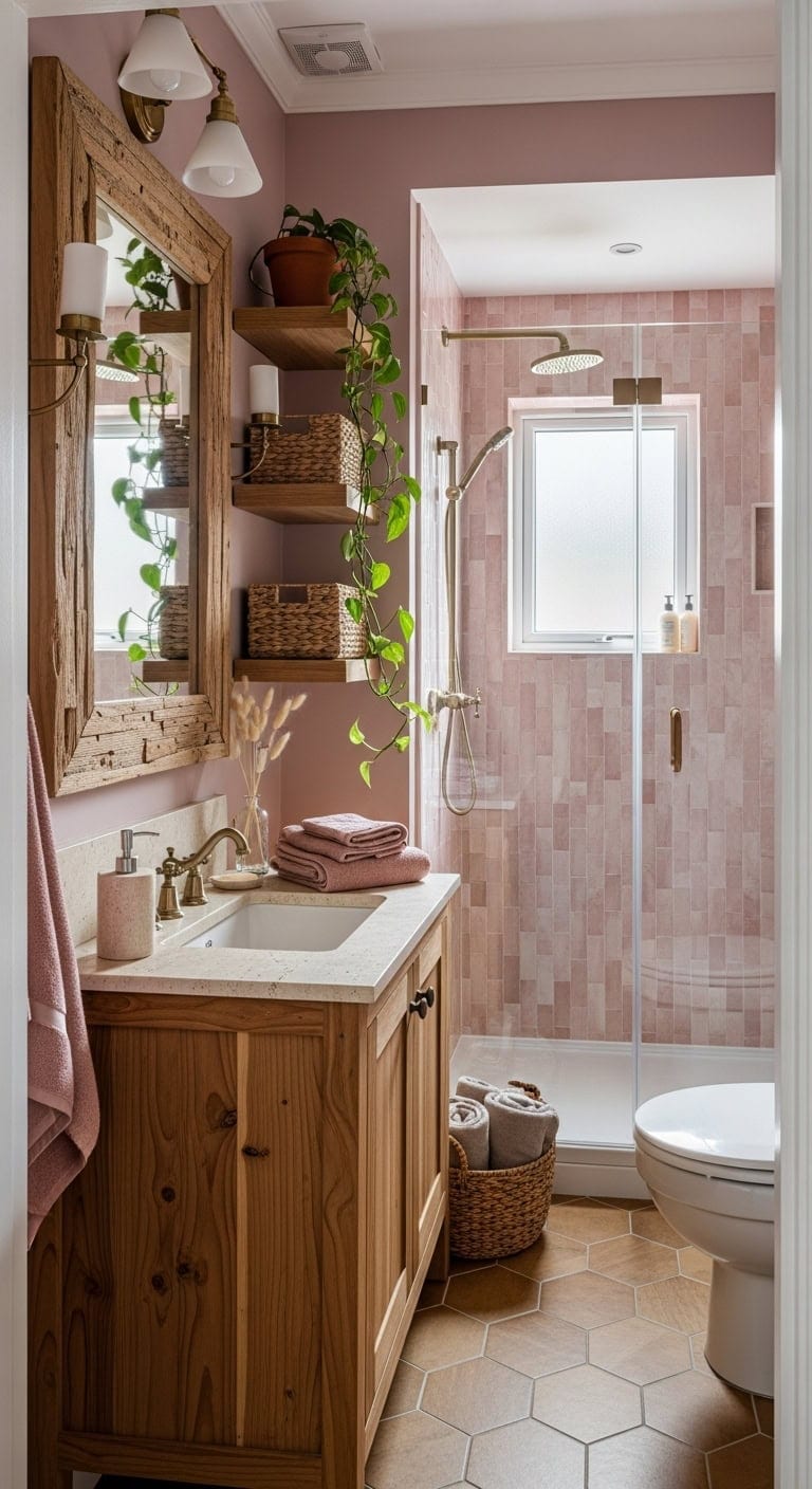 calming dusty pink boho bathroom