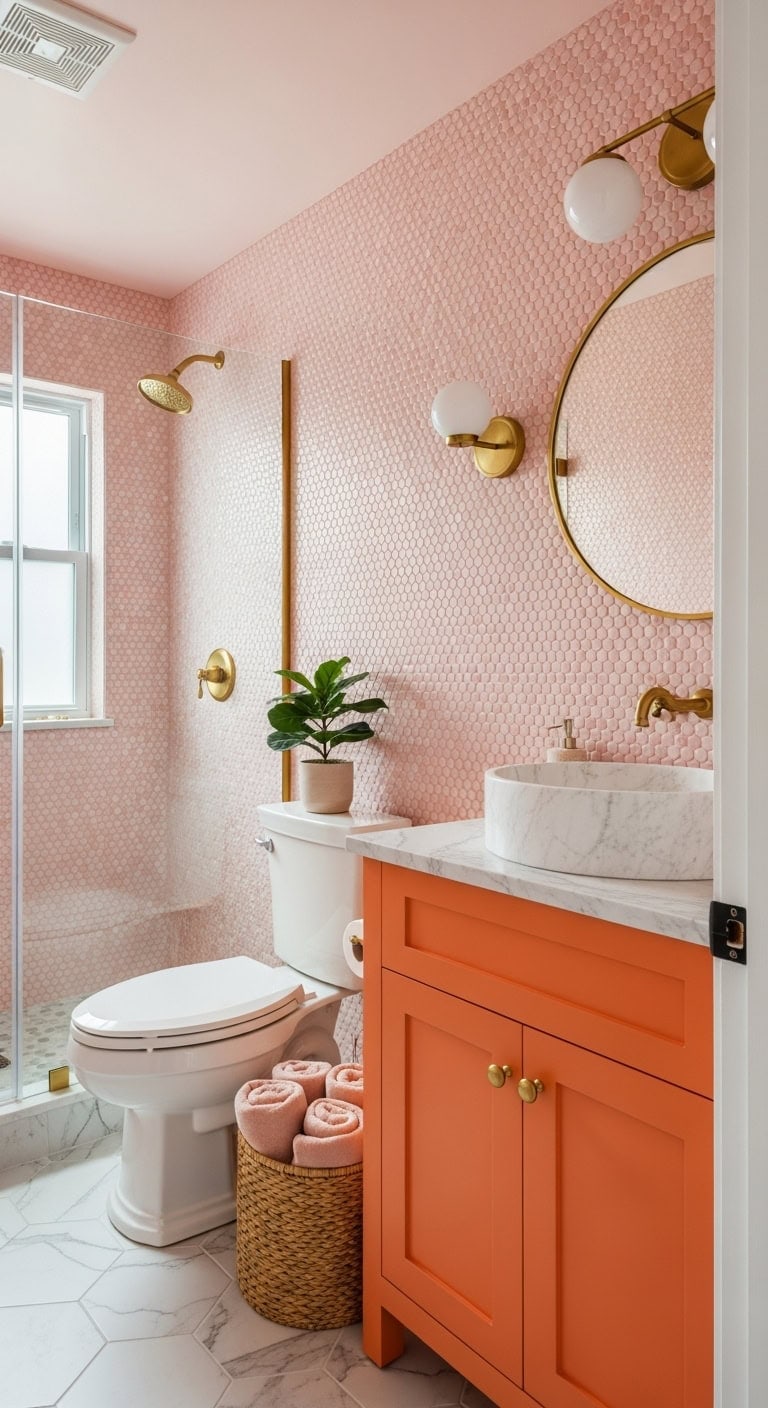 charming pink tiles bold orange vanity