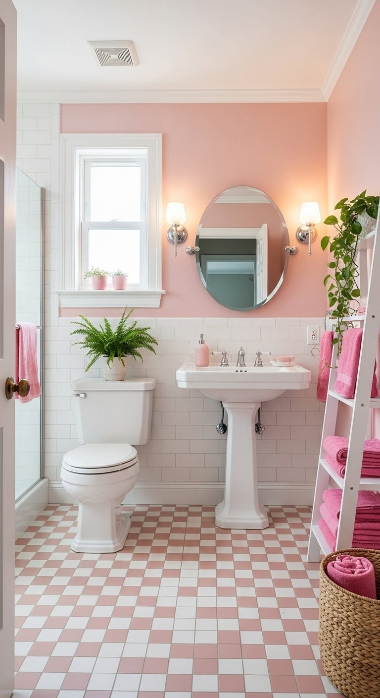 charming retro pink checkerboard bathroom transformation