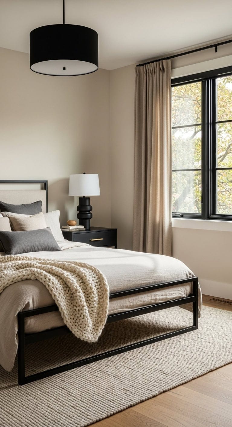 chic beige black bedroom contrast harmony